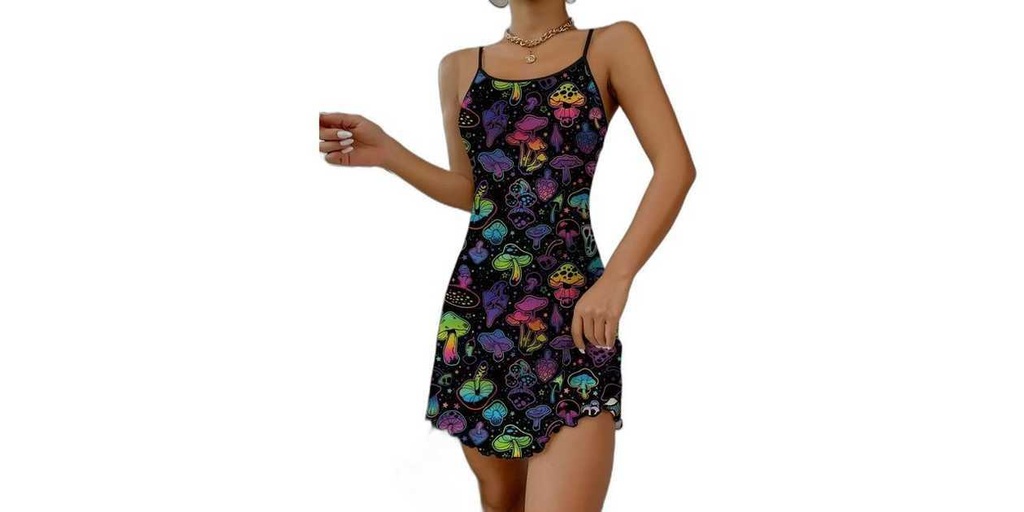 COLOURFUL MUSHROOM PRINT FRILL TRIM LOUNGE DRESS (SIZE M)