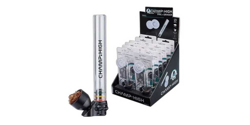 Champ High Clear Glass Skull Pipe with Grinder and Screens