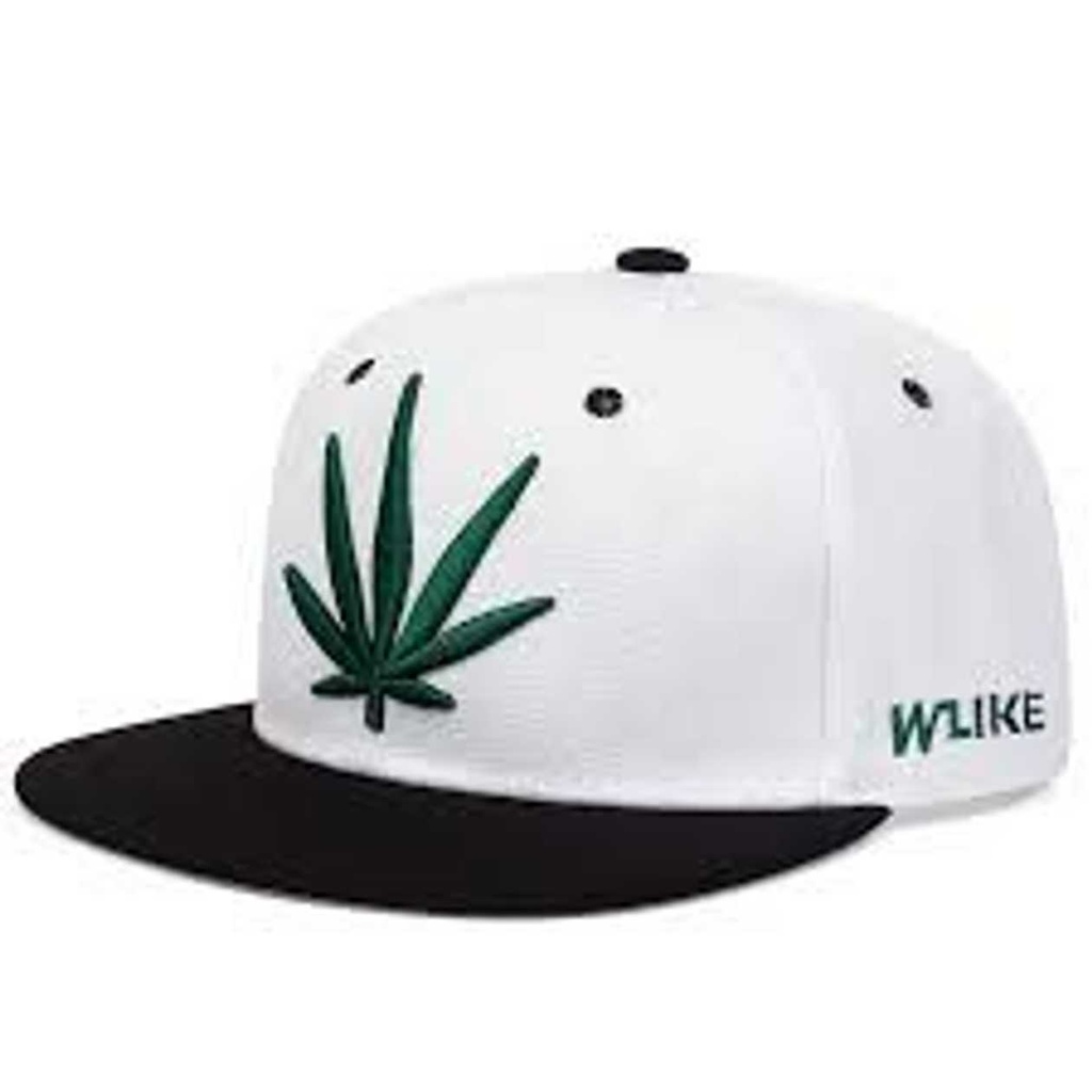BLACK & WHITE CAP WITH GREEN LEAF DESIGN