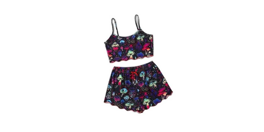 COLOURFUL MUSHROOM PRINT FRILL TRIM PYJAMA SET (SIZE S)
