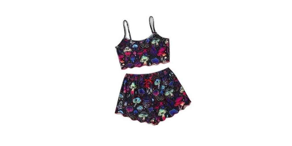 COLOURFUL MUSHROOM PRINT FRILL TRIM PYJAMA SET (SIZE XS)