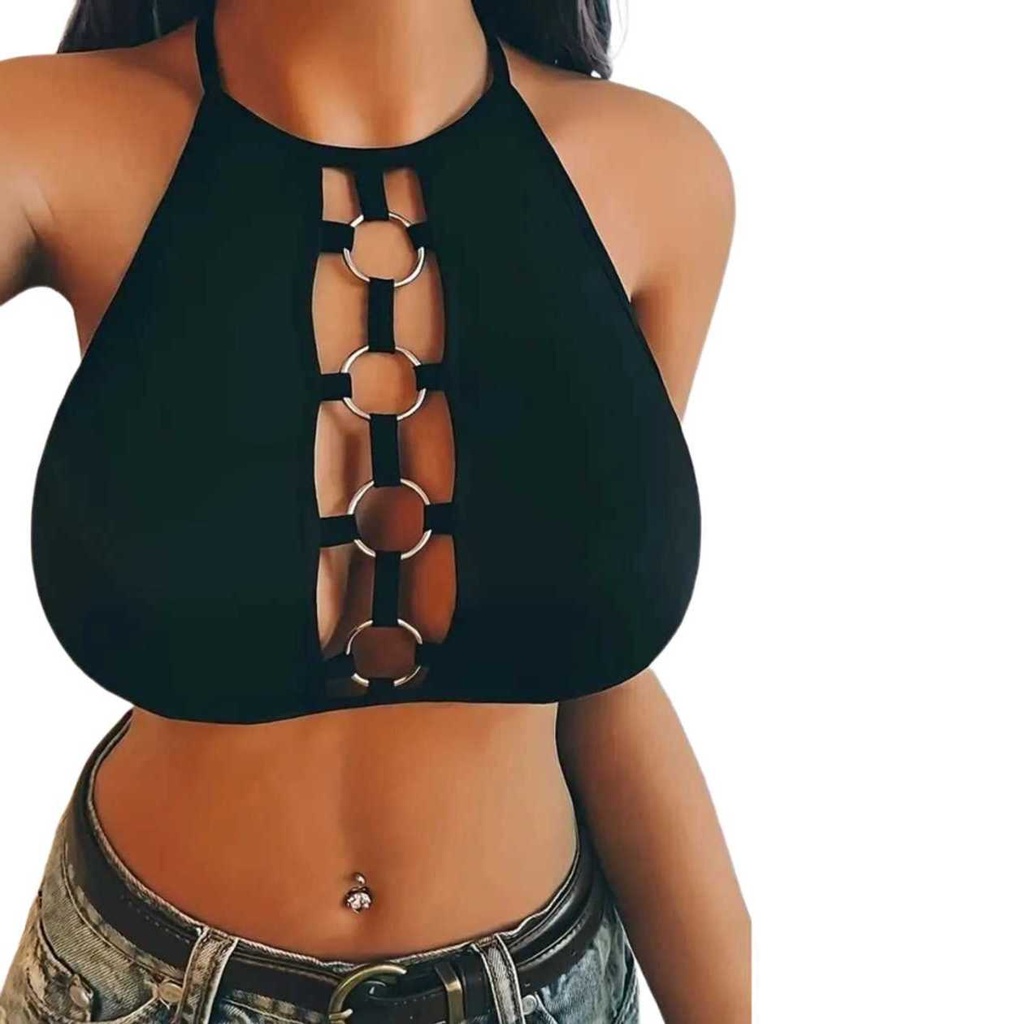 HALTER NECK BACKLESS BLACK CROP TOP WITH RINGS (SIZE S)
